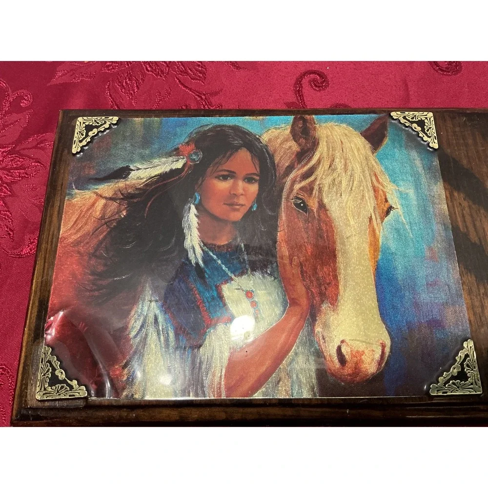 Used Vintage Western Native American Woman and Horse Wood Wall Clock Rustic Deco